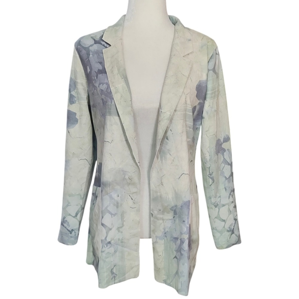 Tempo Paris Womens Abstract Watercolor Floral‎ Open Front Blazer Jacket Blue - S